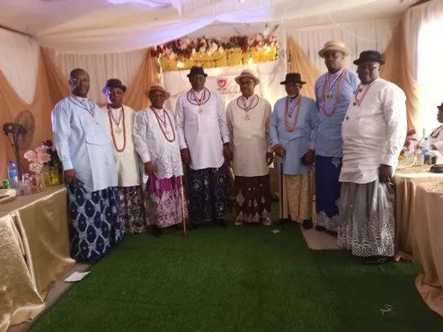 President Okakuro Wilson Okpubigho and the 2023 executive of Urhobo Social Club Lagos in traditional regalia